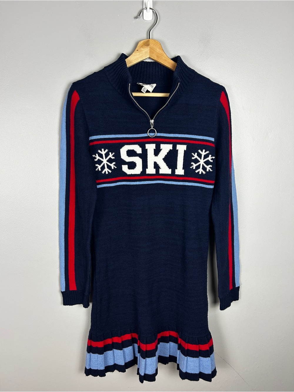 FRESHMAN 1996 Ski Knit Dress Medium Navy Red Apres Ski Chalet Resort Zip
